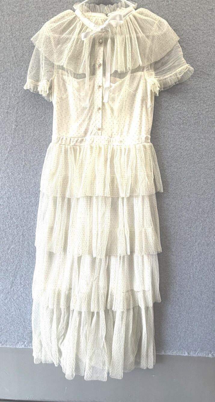 Betsey Johnson Maxi Dress Size 6 Lace Whimsigoth Fairy Victorian Gold Swiss Dot